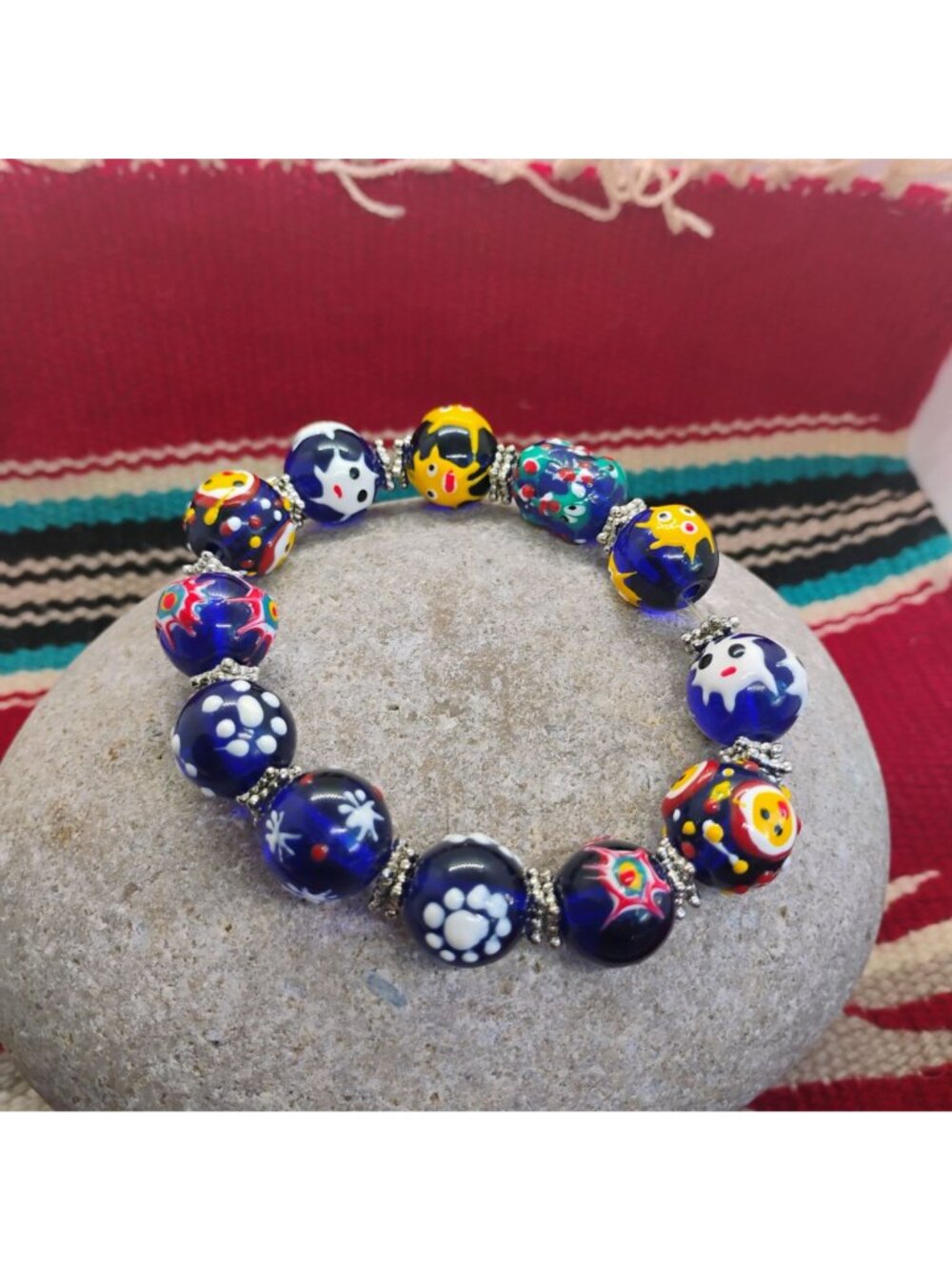 Handmade Lampwork Glass Bead Bracelet Cobalt Blue Yellow OOAK - Picture 3 of 9